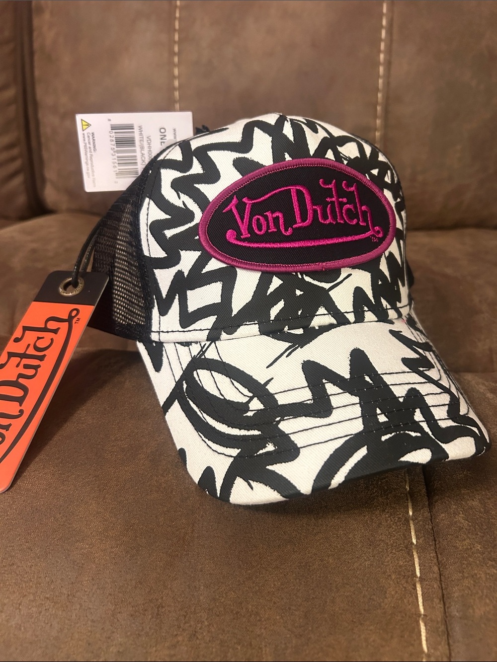 Von Dutch White & Black Graffiti Trucker Hat with Hot Purple Patch